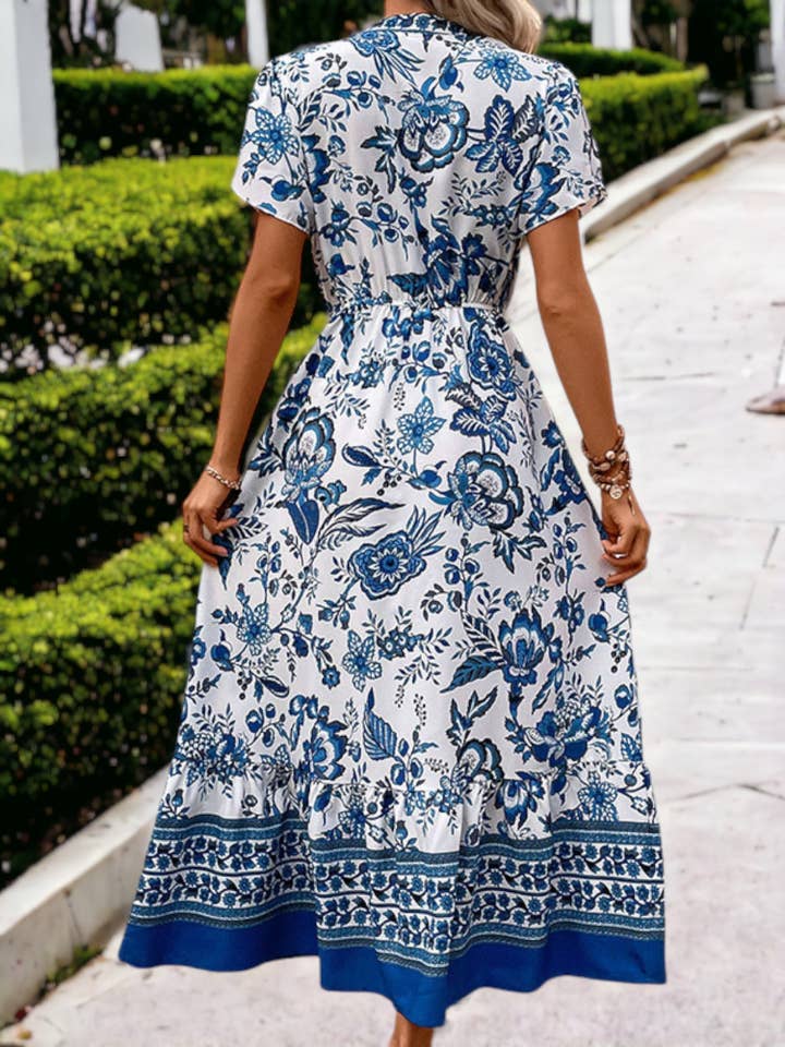 Blue Printed Bohemian V-Neck Pocket Maxi Dress for wholesale on Faire