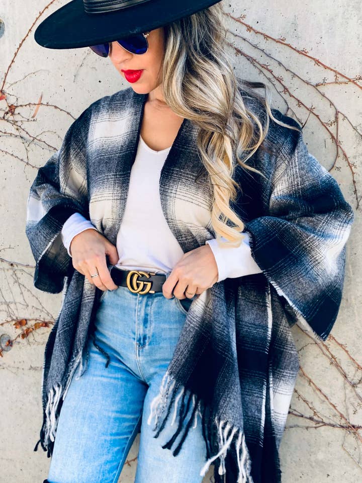 Black Plaid Printed Cozy Knitted Kimono Cardigan With Fringe for wholesale by AMOLI