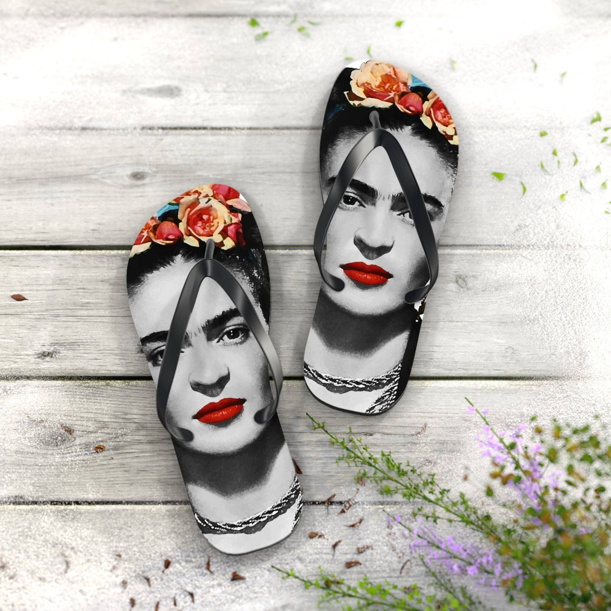 Art-O-Rama Shop – wholesale Flip Flops – Women’s – Frida Kahlo With Flowers Poster Artwork Flip-Flops3