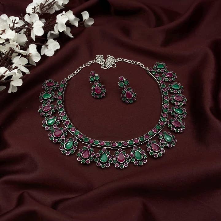 Oxidized Silver Choker Necklace With Jhumka Earrings for wholesale by Quirky Fashions