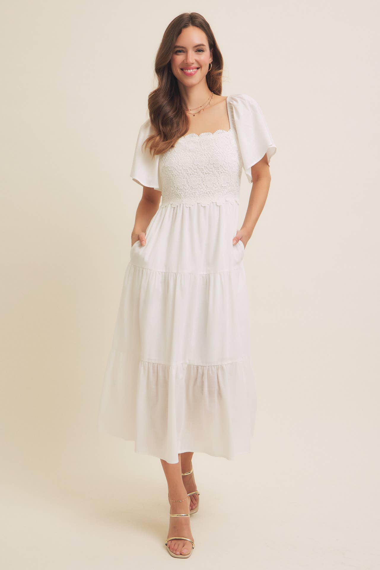 in february - Wholesale Dress - Women's - ESSENCE OF FALL TIERED CROCHET MIDI DRESS WITH FLUTTER SLVS7