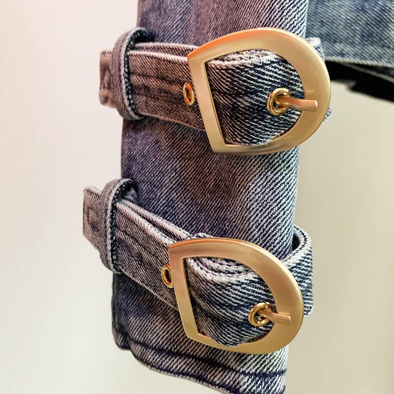 Blue BL205 Edgy Denim Biker Jacket with Diagonal Zipper for wholesale on Faire5