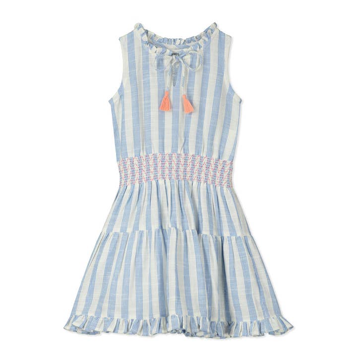 Robe à volants rayée bleu clair pour la vente par Poppet & Fox