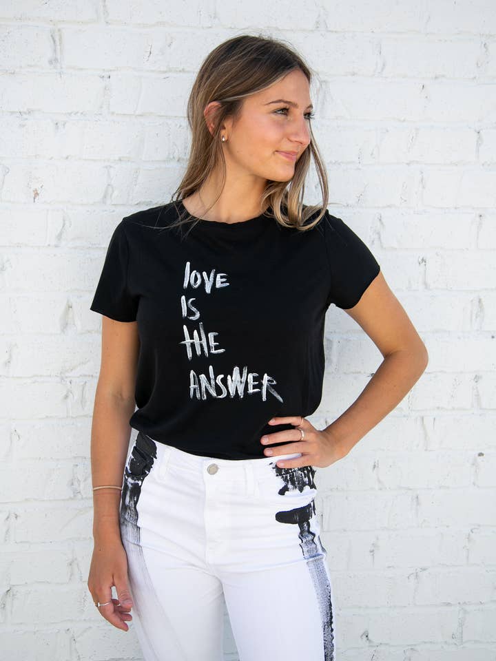 “Love is the Answer” Hand Painted Quote Tee for wholesale by Nicole Paloma Original Hand-Sewn Designs