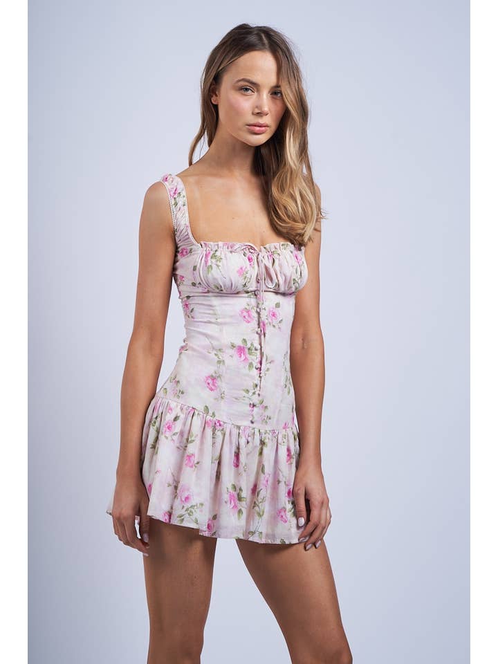 PINK FLORAL WIDE STRAP FIT & FLARE MINI DRESS for wholesale on Faire2