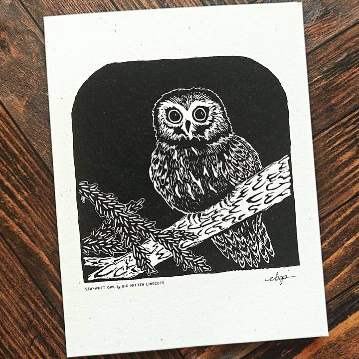 Saw-whet Owl Linocut Card for wholesale by Big Mitten Linocuts