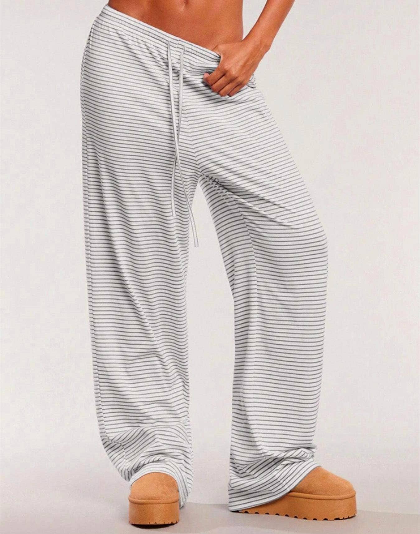 HIDDENBRAND - Wholesale Pants - Women's - Casual drawstring striped print wide-leg lounge pants0