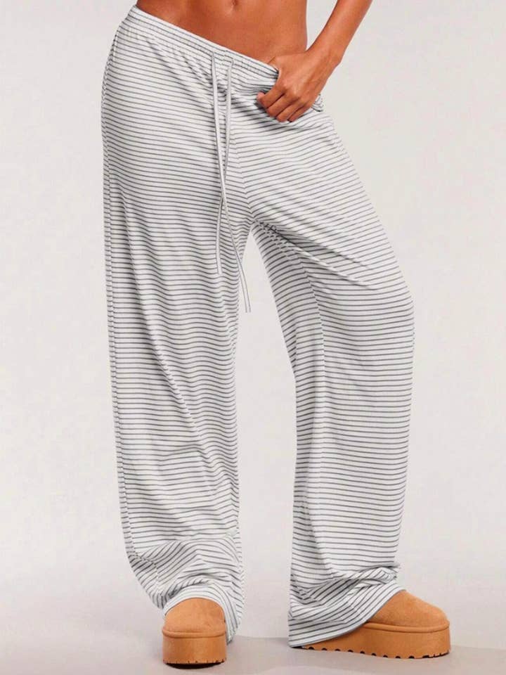 HIDDENBRAND - Wholesale Pants - Women's - Casual drawstring striped print wide-leg lounge pants0