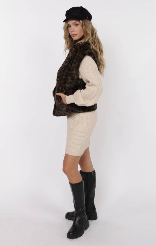 Sage The Label - Vente Pull sans manches – femme - Gilet surdimensionné en fausse fourrure léopard Waverly : MARRON NOIR13