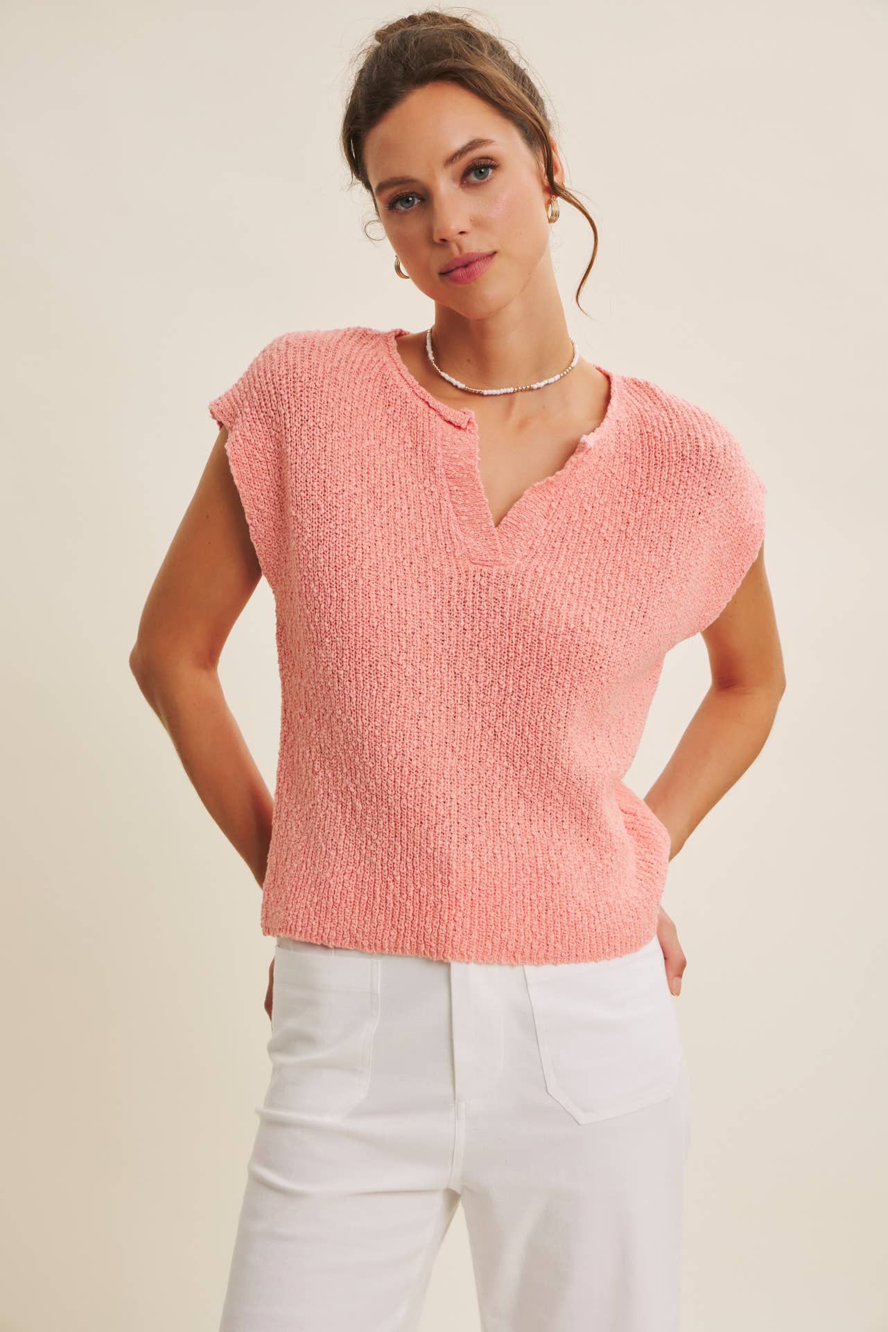 in february - Wholesale Knit Sweater - Women's - RELAXED FIT SLUB KNIT SWEATER TOP WITH SPLIT NECK17