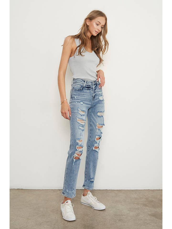 Insane Gene USA - Vendita all'ingrosso Jeans - Donna - Jeans alla caviglia girlfriend a vita media strappati - Lavaggio chiaro