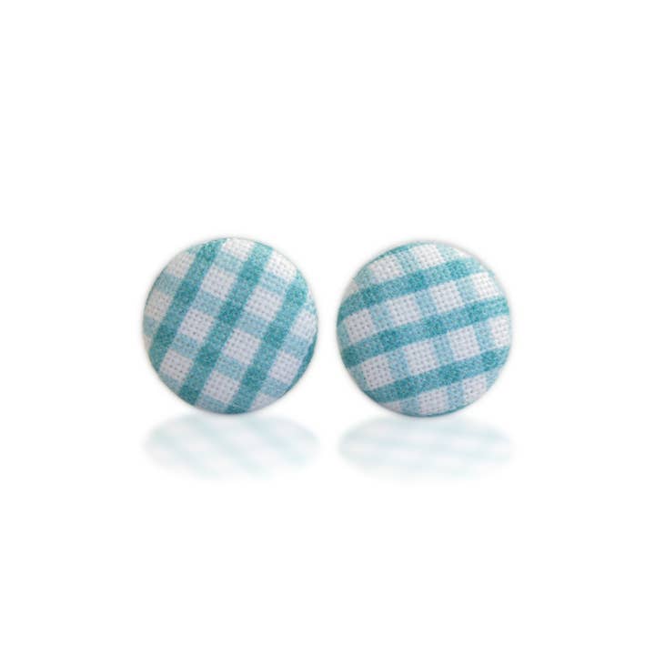 Rachel O's - Wholesale Stud/Post Earrings - Blue Gingham Fabric Button Earrings