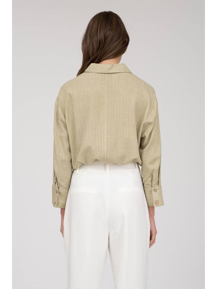 OLIVE STRIPE COLLARED BUTTON DOWN TAB SLEEVE SHIRT for wholesale on Faire