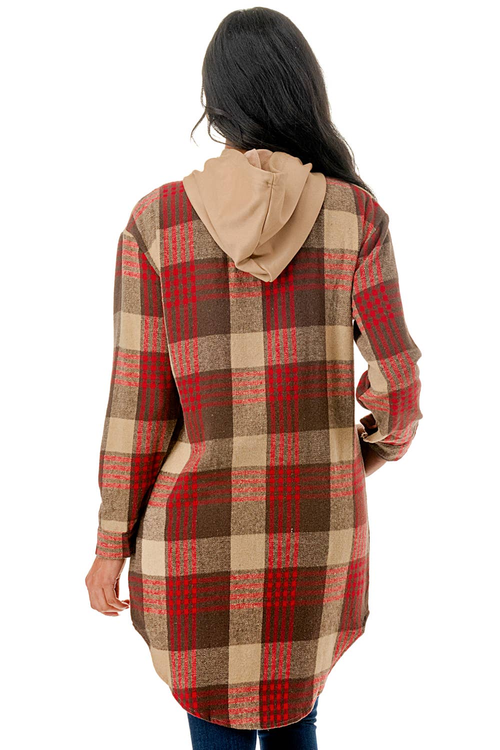 Color 5 - Wholesale Shirt Jacket/Shacket - Women's - Red beige plaid flannel long shacket with hoodie and pockets7