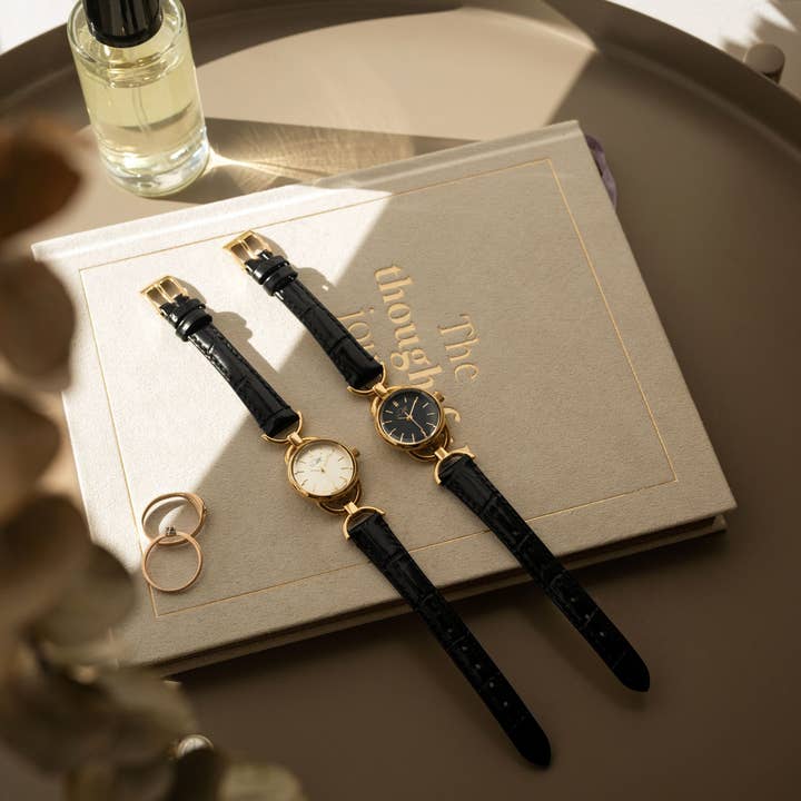 by M degrees - Wholesale Wrist Watch - Women's - 80s Vintage-Inspired Black Gold Round Watch – Black Leather4