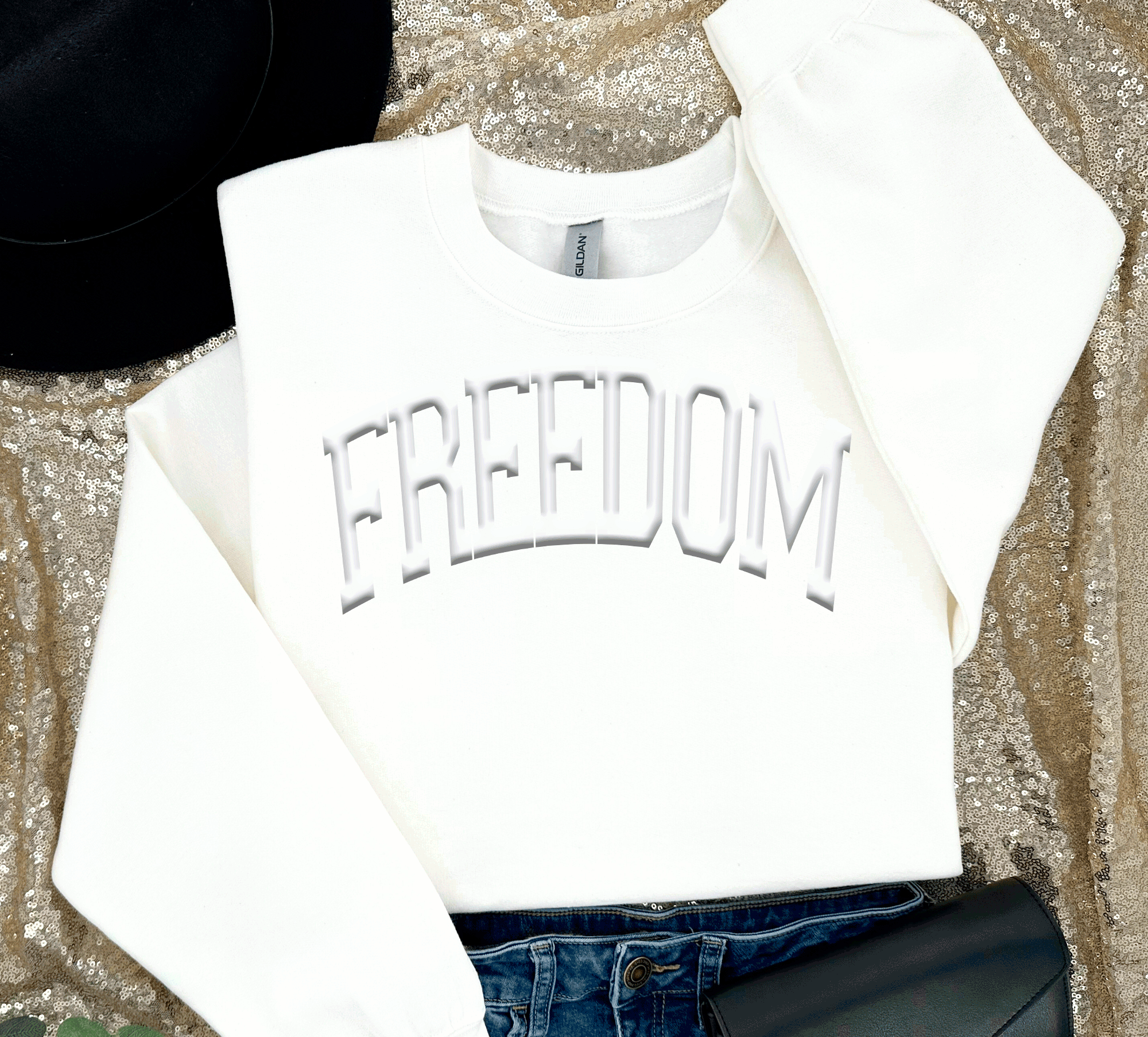 A Blessed Texas Mess Boutique - Wholesale Graphic Sweatshirt - Women's - PUFF 3-D Charlie Kirk Freedom Sweatshirt Red White Blue1