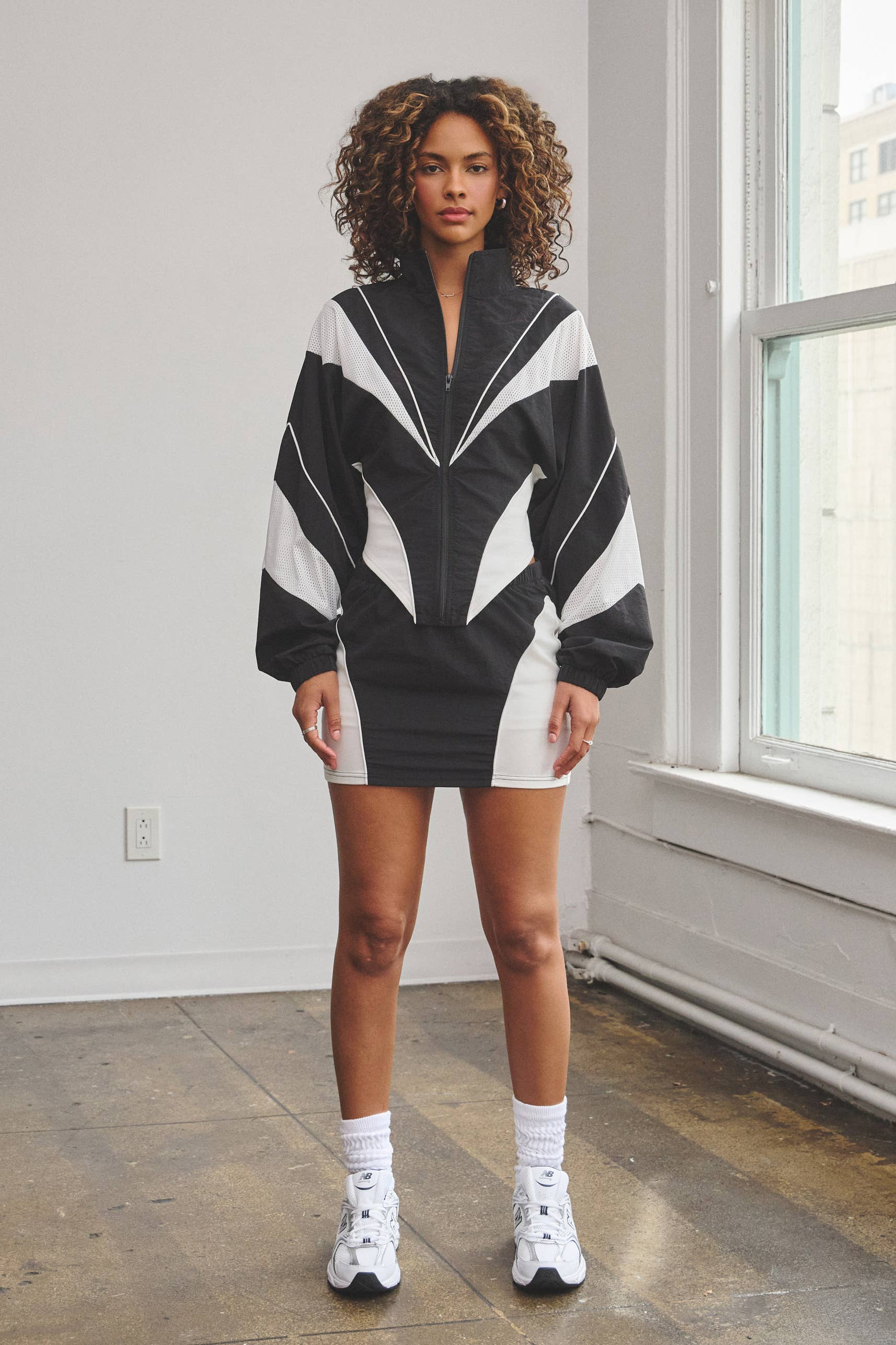 No Vacancy - Wholesale Top & Skirt Set - Women's - Nylon & mesh contrast track suit top & mini skirt set0