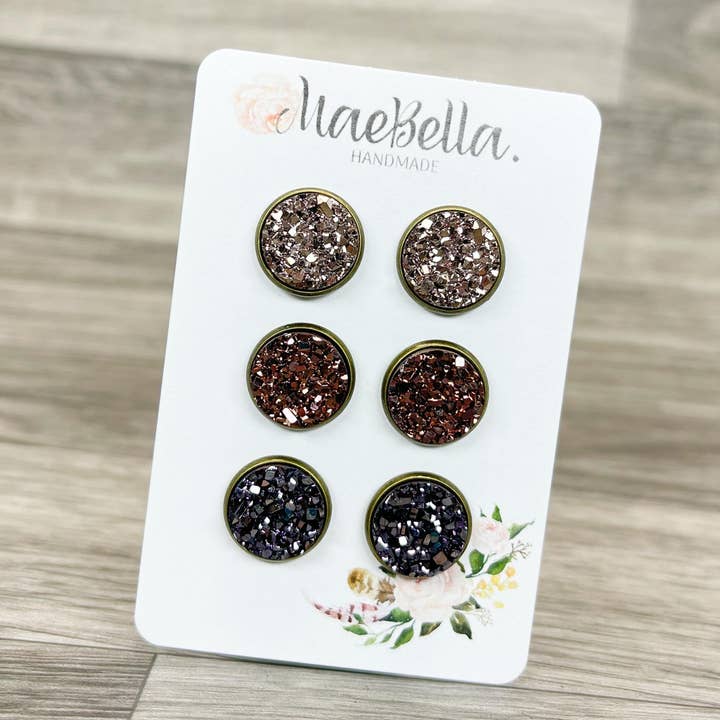 3 Pack Stud Earring Set Druzy Neutrals RG/CP/PL for wholesale by Hazel Hill ~MaeBella~