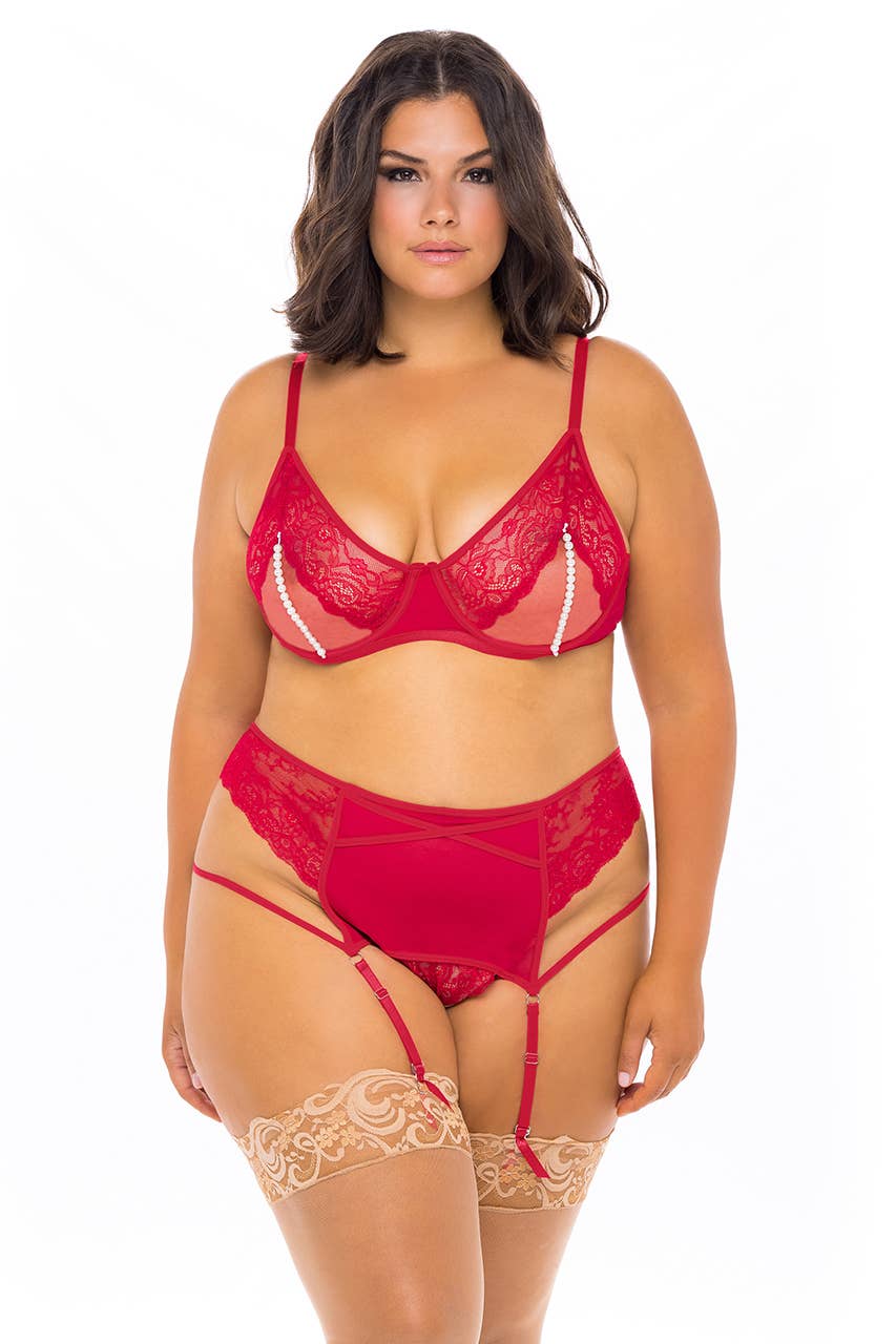 Red ALYSSA LACE/PEARLS OPEN CUP 2PC BRA SET for wholesale on Faire2