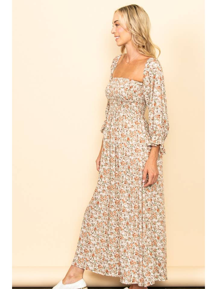 Elloh Collection - Wholesale Dress - Women's - On Off Shoulder Smocked Chest Floral Long Sleeve Maxi Dress6