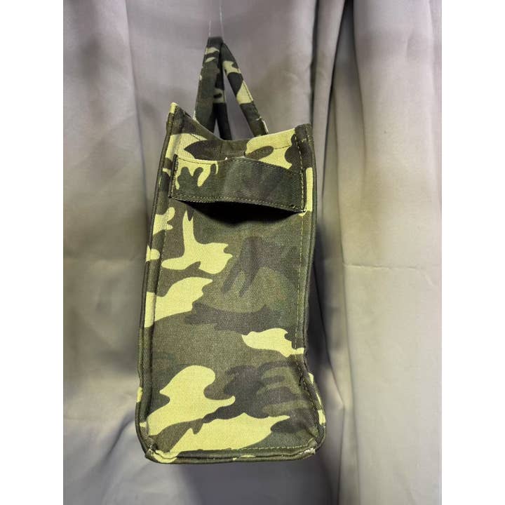 Green CAMOUFLAGE PRINT DENIM THE TOTE BAG EMBROIDERY BAG for wholesale on Faire