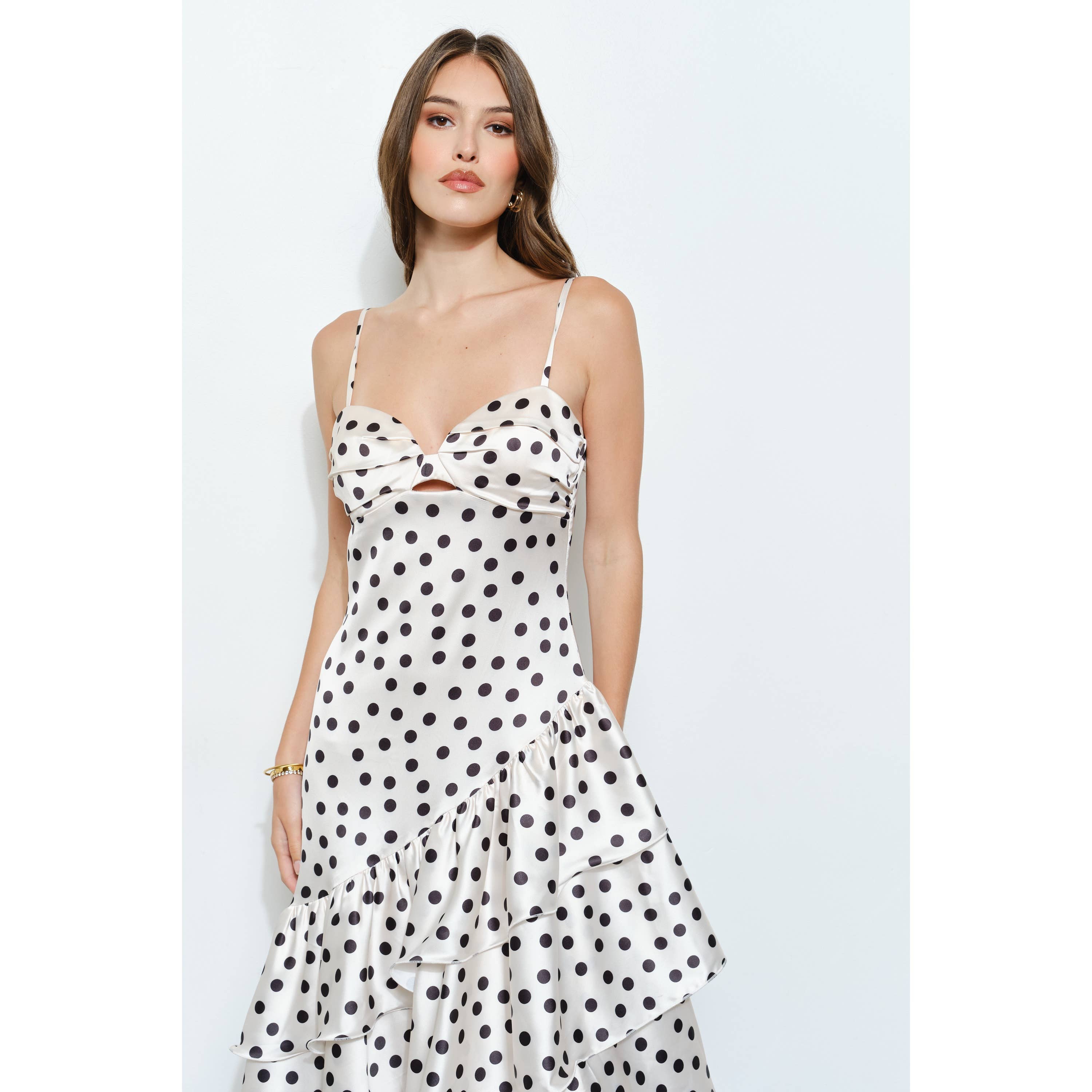 INA – wholesale Dress – Women's – Satin Polka Dot Tiered Ruffle Maxi Dress22