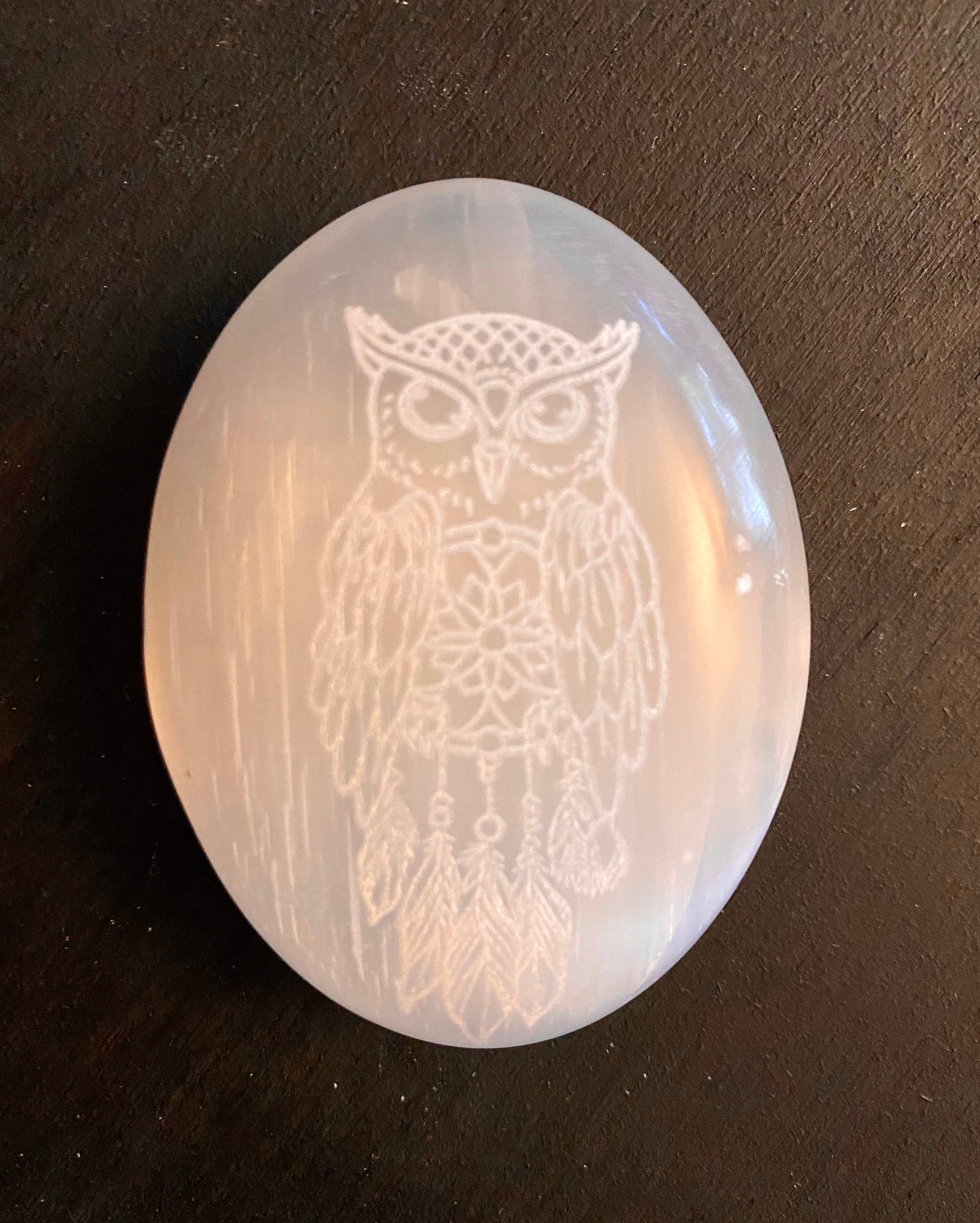 Zen and Meow - Wholesale Spiritual Stone/Crystal - Engraved Selenite Owl1