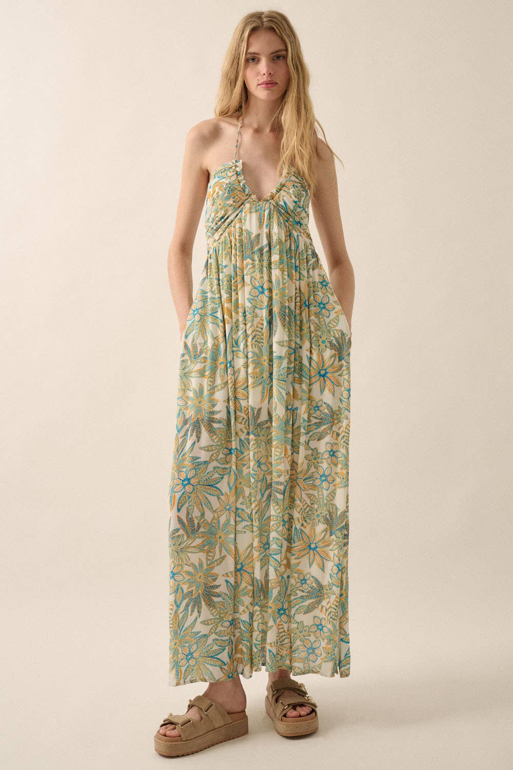 Off White Blue Floral Crepe Tie-Back Halter Maxi Dress for wholesale on Faire7
