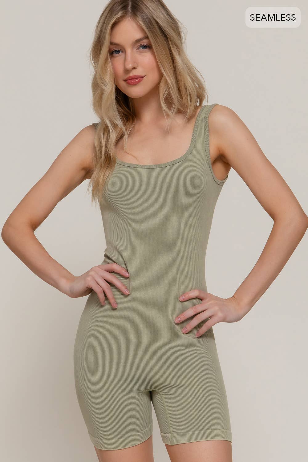 Active Basic | Active USA - Wholesale Romper - Women's - Sleeveless Double Scoop Neck Stone Wash Seamless Romper5