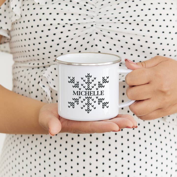 Weddingstar Inc. – wholesale Coffee mug – Personalized Wht Enamel SS Coffee Mug-Knit Sweater Snowflake2
