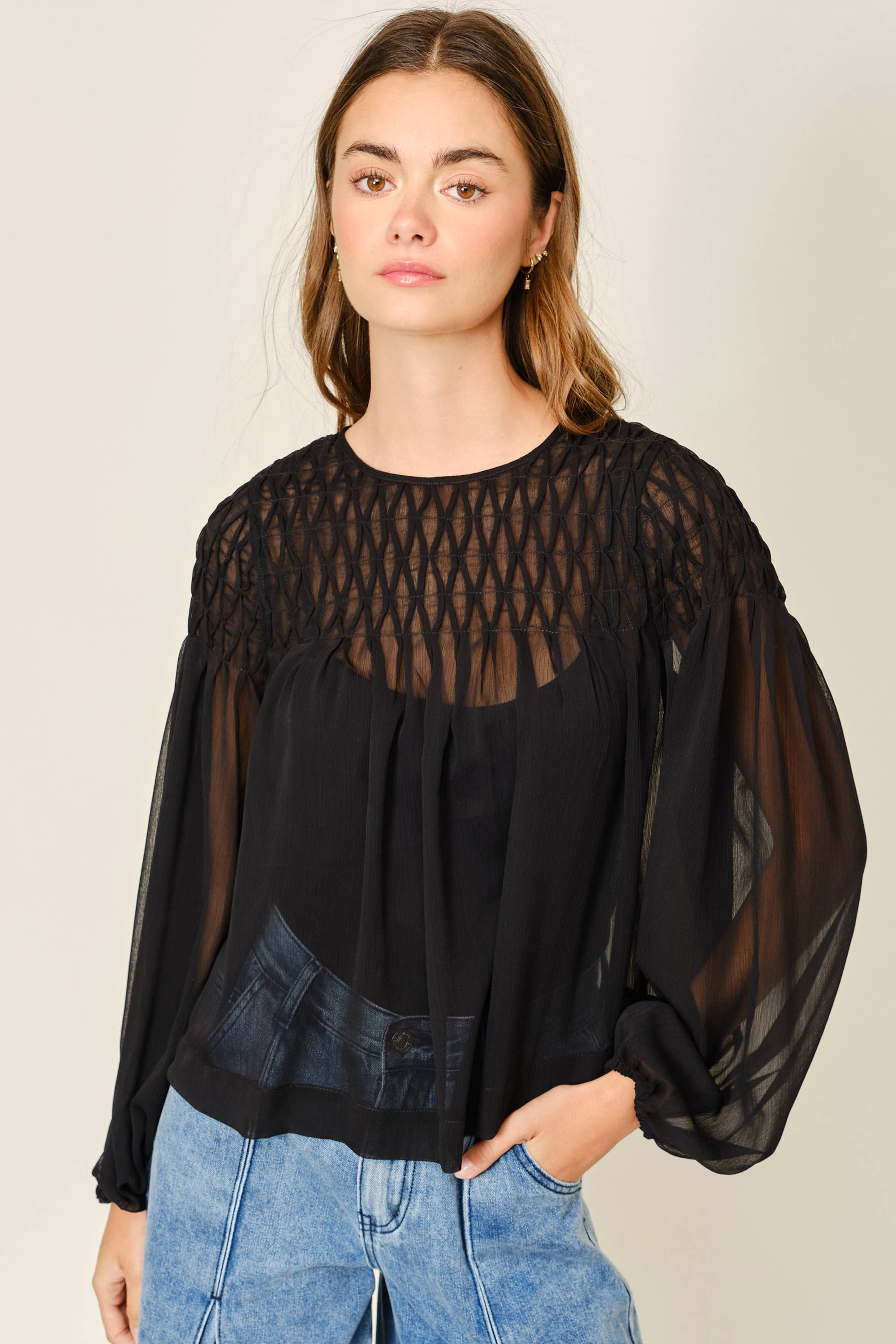 Aaron & Amber - Wholesale Blouse - Women's - AJT5433 SPECIAL SMOCKED DETAIL LONG SLEEVE BLOUSE7