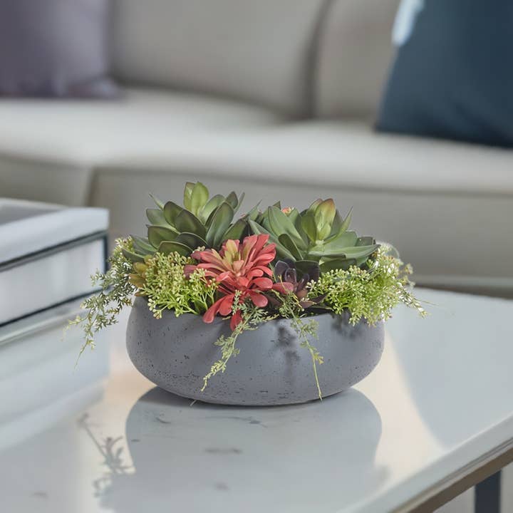Round Artificial Succulent Arrangement, Natural Pot for wholesale on Faire