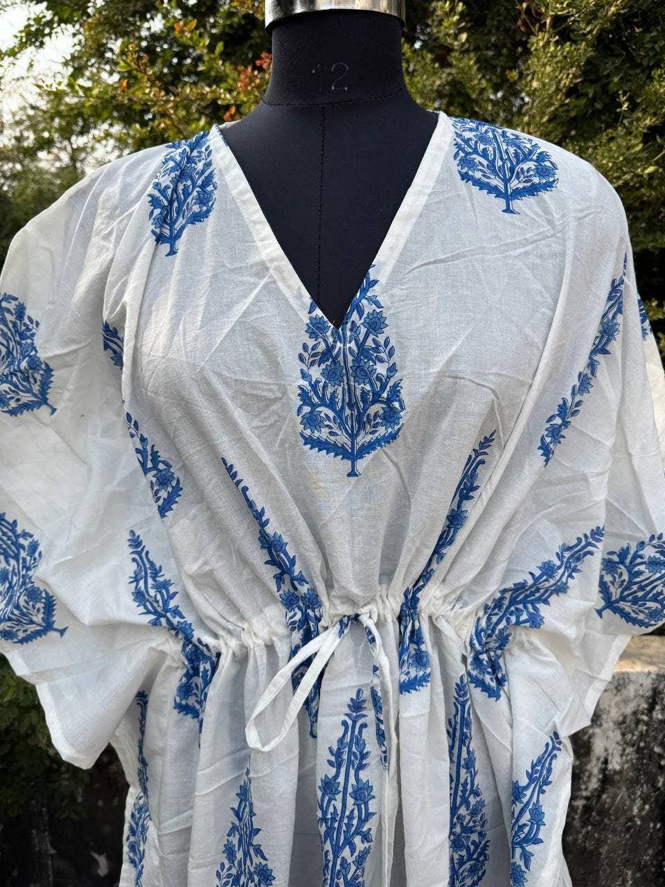 bhavnas boutique - Wholesale Kaftan - Women's - White Cotton Maxi Dress Block Print Women Long Kaftan Dress1