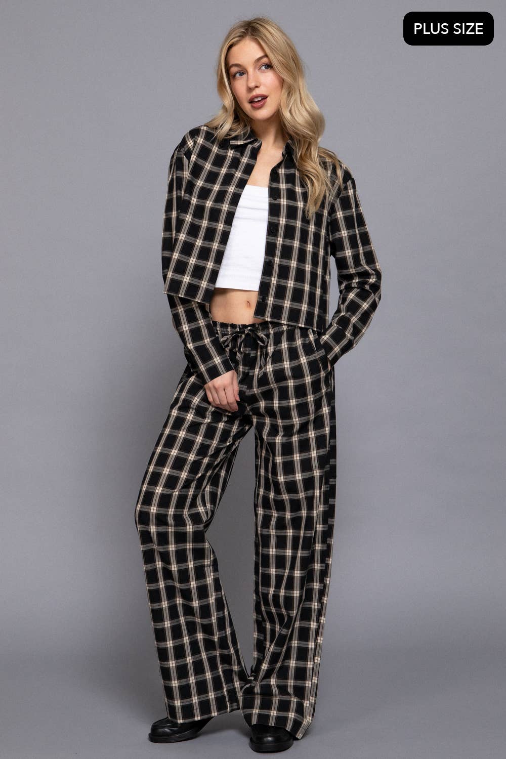 Active Basic | Active USA - Wholesale Pants - Women's - [PLUS SIZE] Wide Leg Plaid Woven Pants2