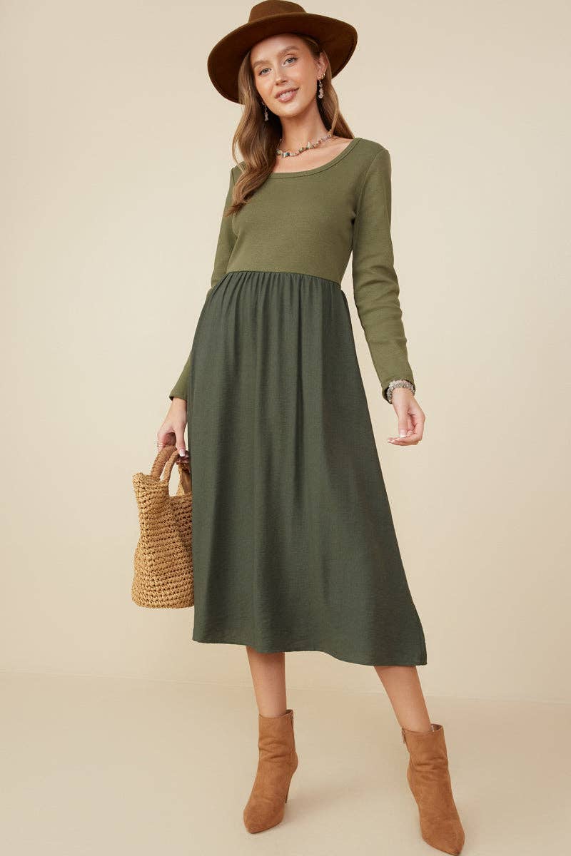 Olive Womens Ribbed Knit Mixed Media Scoop Neck Dress for wholesale on Faire0