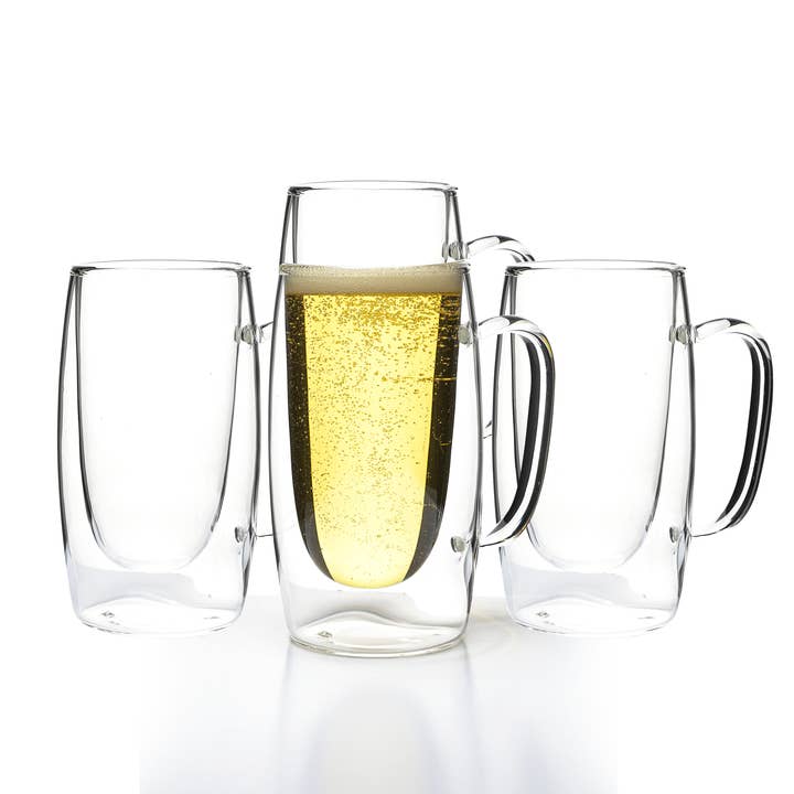 Double Walled Beer Drink Glass Mug with Handle 12.5 oz (1pc) for wholesale by Lemonsoda