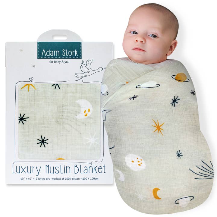 100% Cotton Luxury Muslin Swaddle Receiving Blanket Galaxy for wholesale by Adam Stork