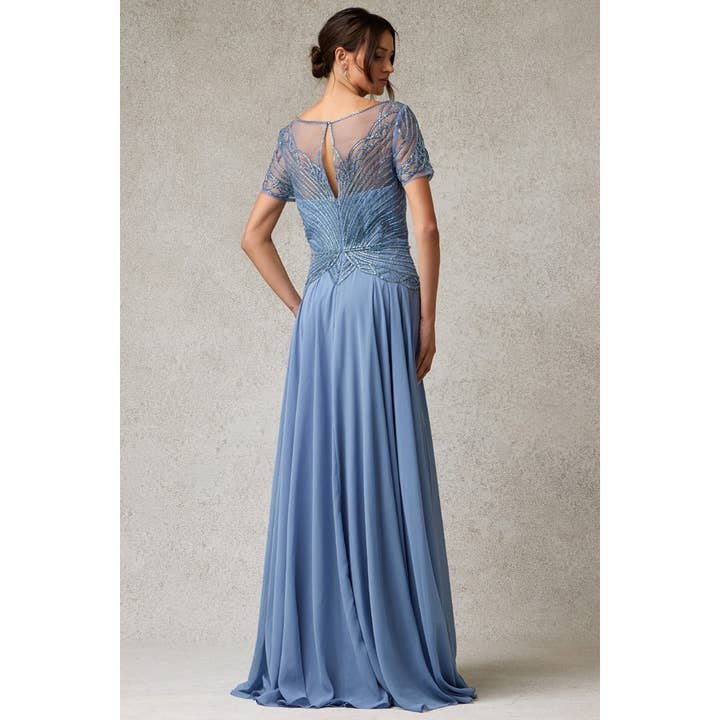 Dusty Blue Short Sleeve Deep V Neck A Line Chiffon MoB Dress for wholesale on Faire3