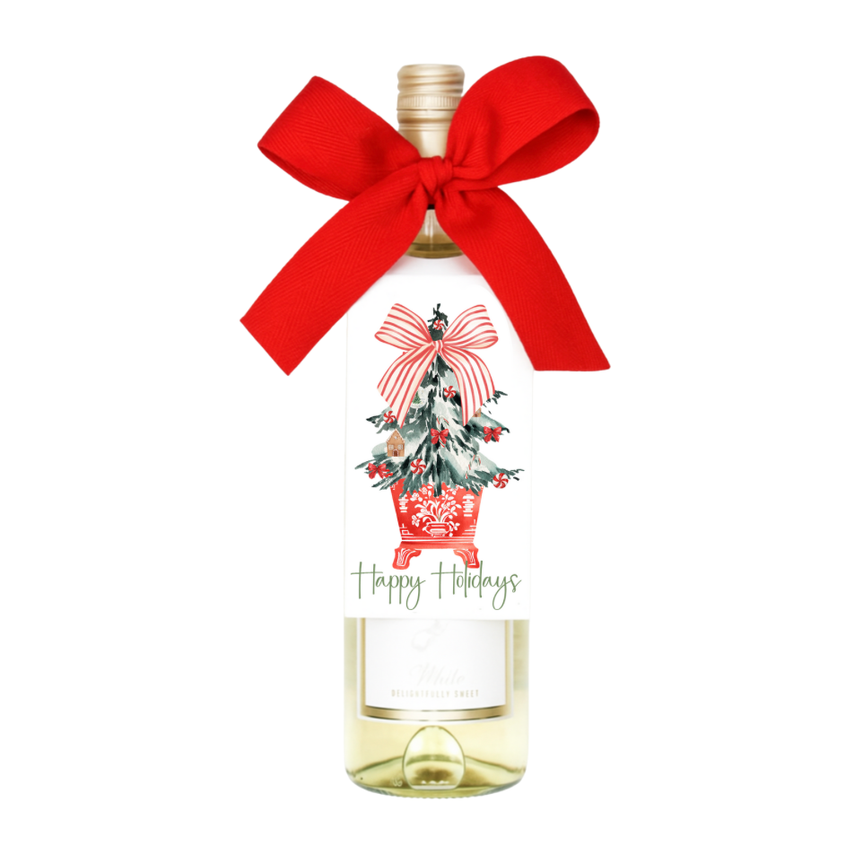 Design Carolinas - Wholesale Gift Tag - Red & White Chinoiserie Christmas Tree Wine Bottle Tag 5