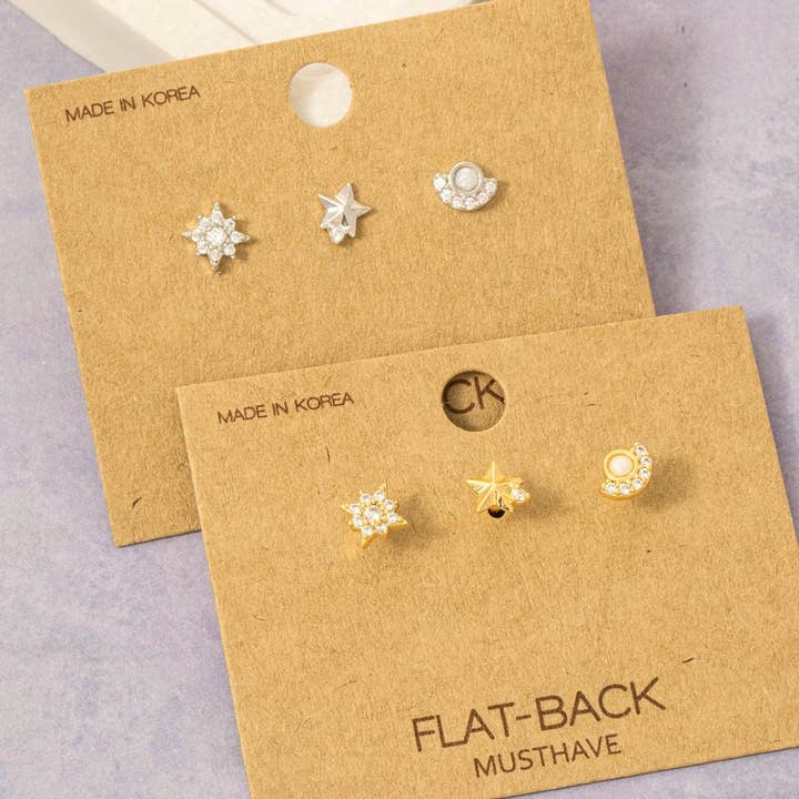 Gold Dipped 3Pc Hoop And Cz Flat Back Stud Earrings Set for wholesale by Fame Accessories