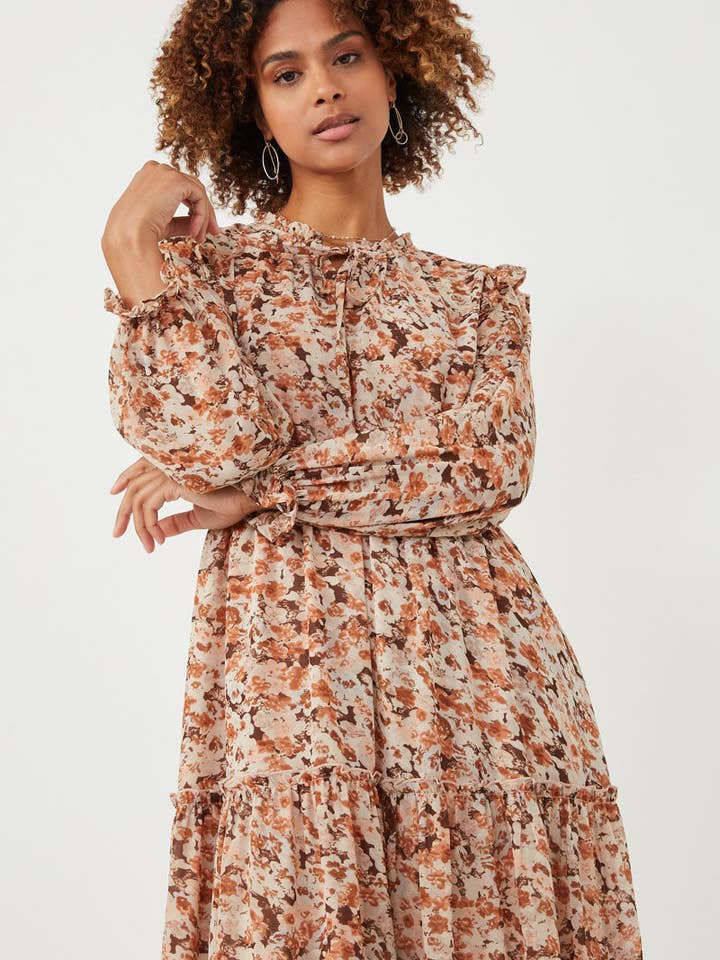 Brown Womens Floral Printed Ruffle Neck Cinched Cuff Dress for wholesale on Faire2