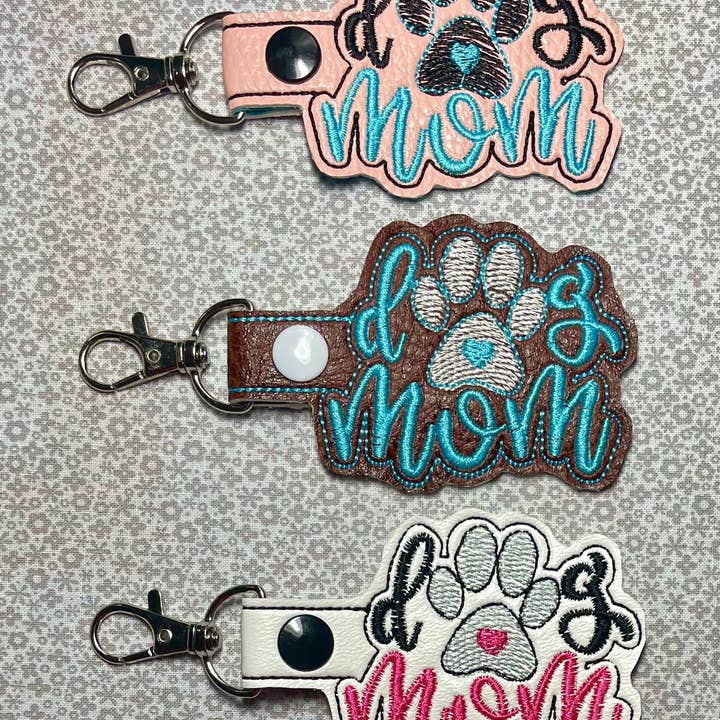 Sew Cute Creations By Sydni - Wholesale Keychain - Women's - “Dog Mom” Keychain (White, Pink, Grey, Black), Embroidered Keychain