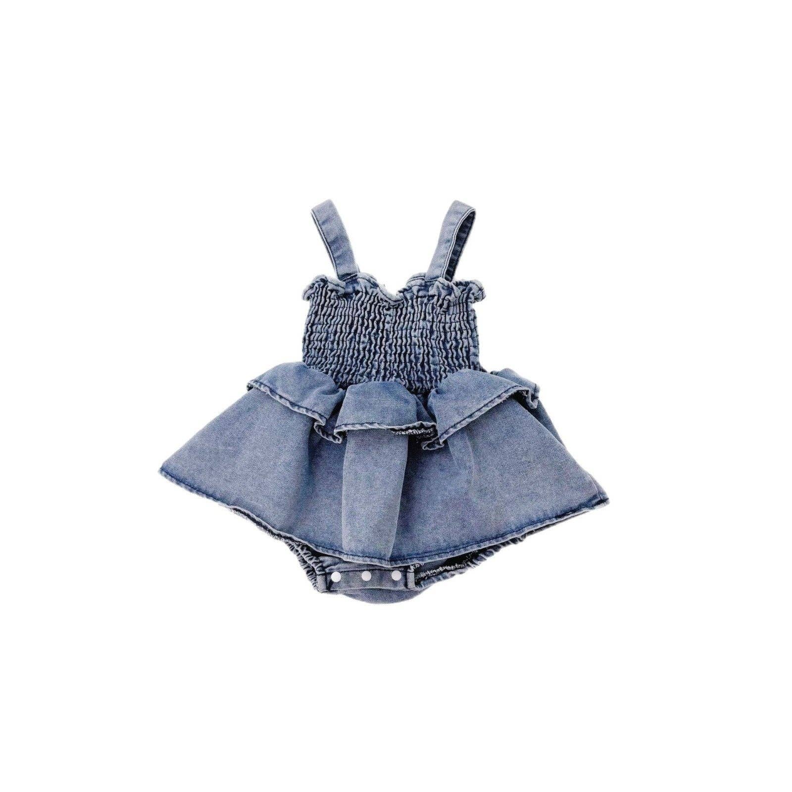 Blue Summer Arrival Baby Girls Cute Sleeveless Denim Pleated Dress Design Strap bodysuit for wholesale on Faire5