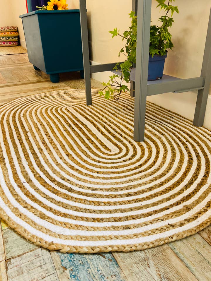 CHAKKAR PALE Hall Rug Stripe Oval Braided Jute Beige & White for wholesale by Second Nature Online