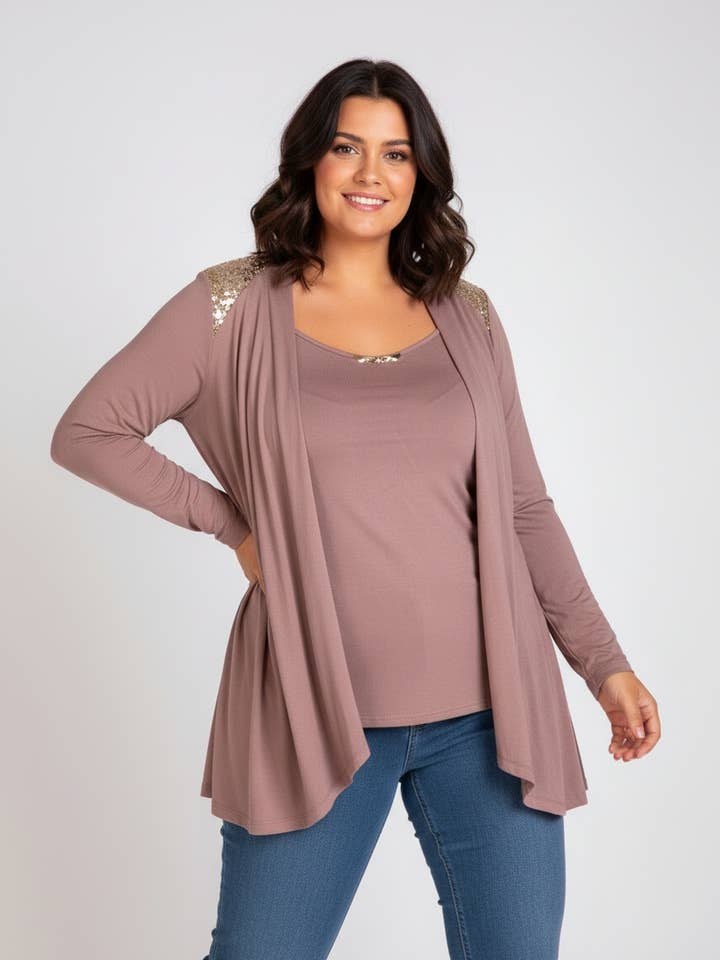 Brown rhinestone vest set + plus size top (A327) for wholesale by Pomme Rouge Paris