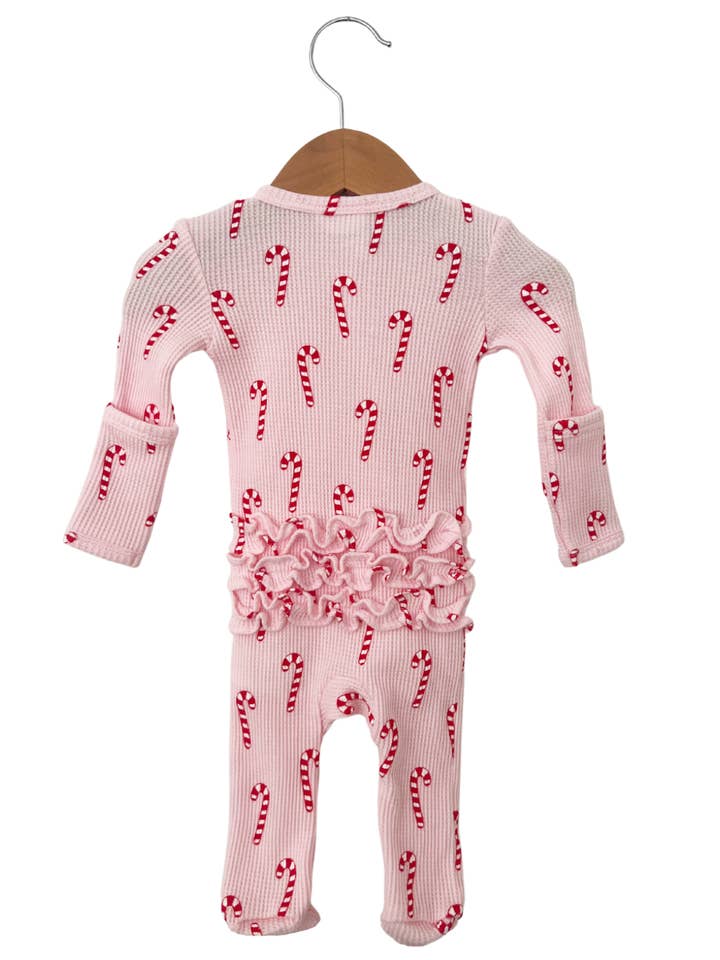 SpearmintLOVE - Wholesale Sleepsuit - Baby - Organic Waffle Ruffle Zip Footie, Pink Candy Cane3