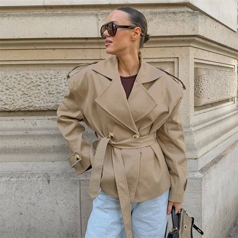 KHAKI Mid-Length Sleeve Lapel Tie-Waist Trench Coat for wholesale on Faire1
