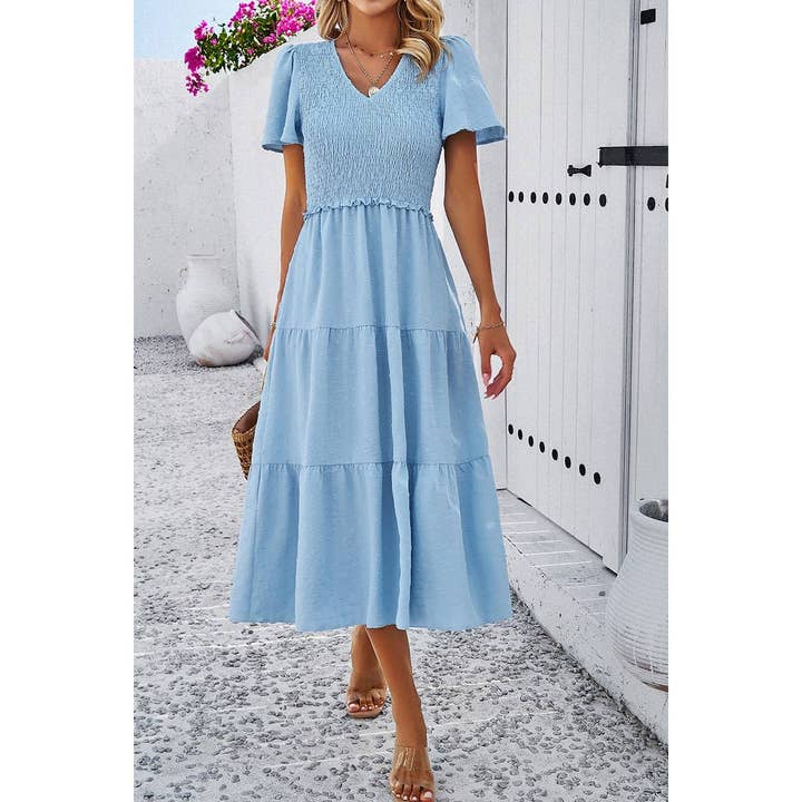 Shoppe247 – Engroshandel Kjole - Dame – Swiss Dot Ruched Color Block V-hals flæsekjole