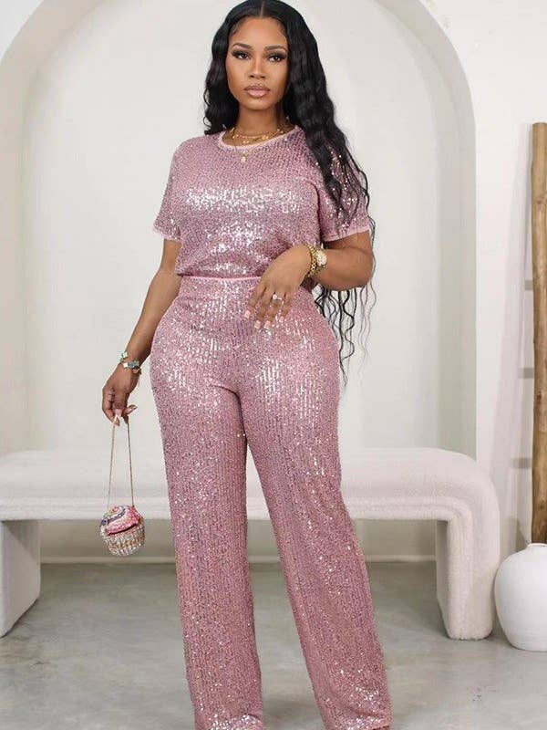 Aria Romance - Wholesale Top & Pant Set (NOT Loungewear) - Women's - Sequin solid color short-sleeved pants two-piece set