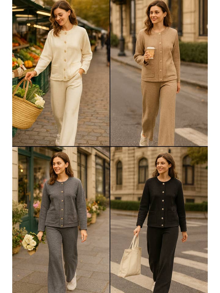 Kurt Muller – wholesale Lounge set – Women's – Gold Button Plain Two Piece Classic Coord Loungewear Set2